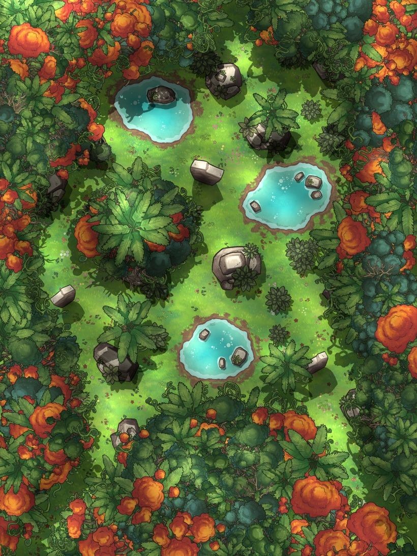 jungle map dnd, carte de JDR fantasy (820×1093 pixels) — battlemap pour Roll20 et Foundry VTT.