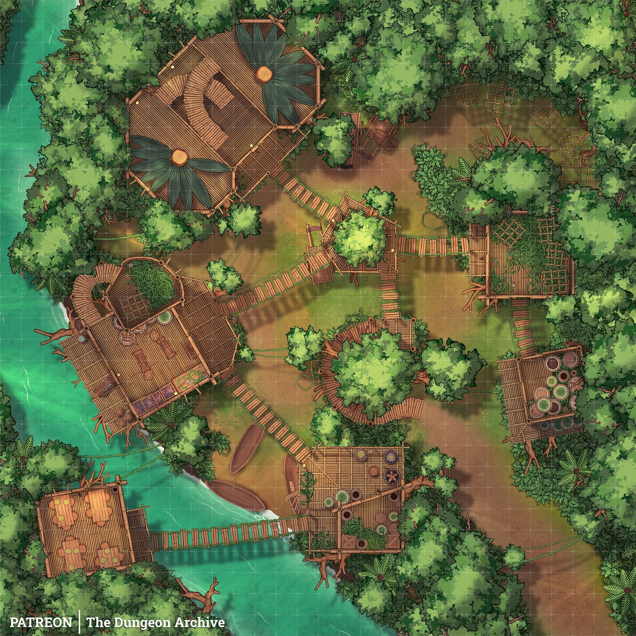 jungle map dnd, carte de JDR fantasy (2100×2100 pixels) — battlemap pour Roll20 et Foundry VTT.