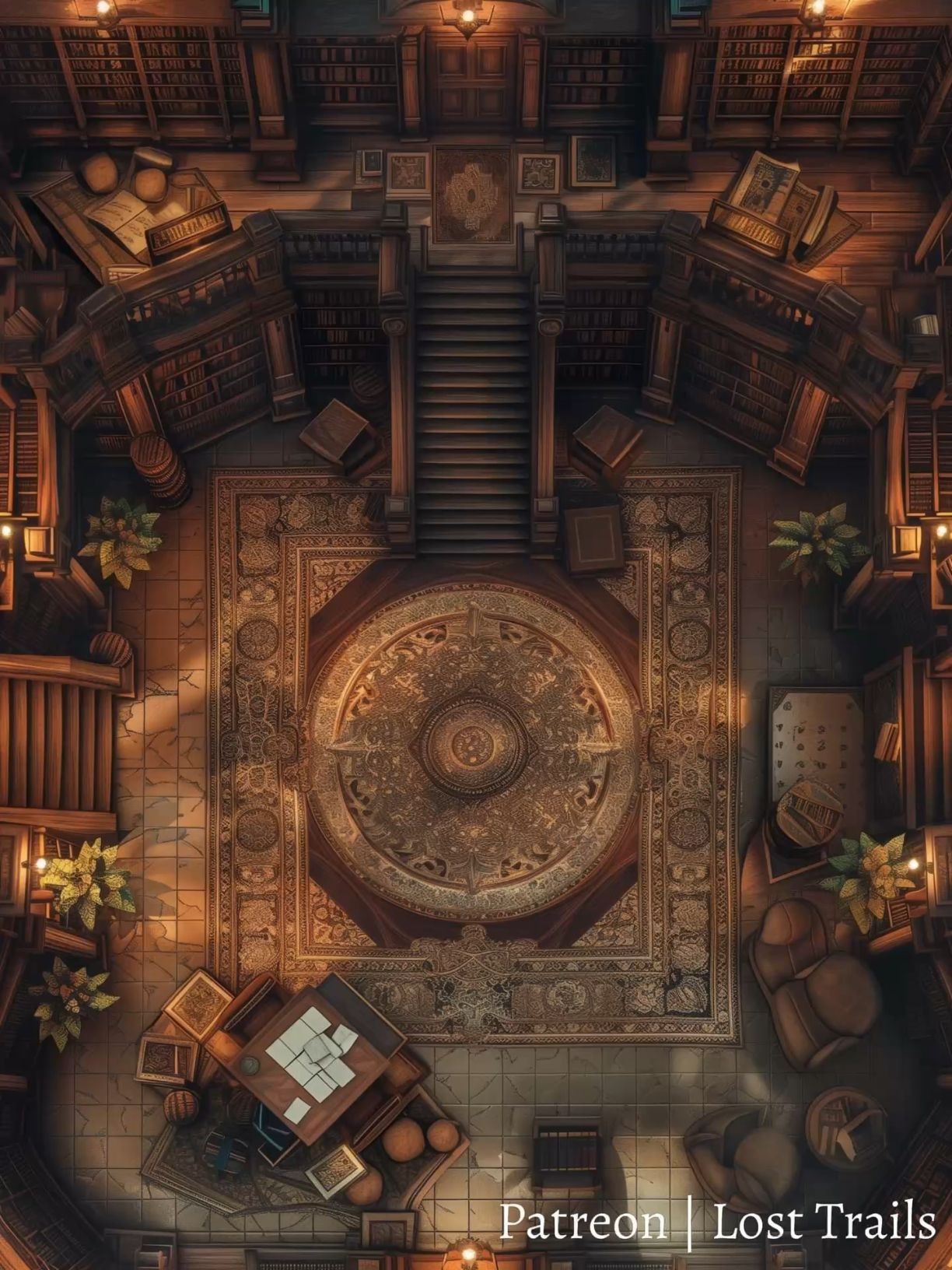 library map dnd, carte de JDR fantasy (1224×1632 pixels) — battlemap pour Roll20 et Foundry VTT.