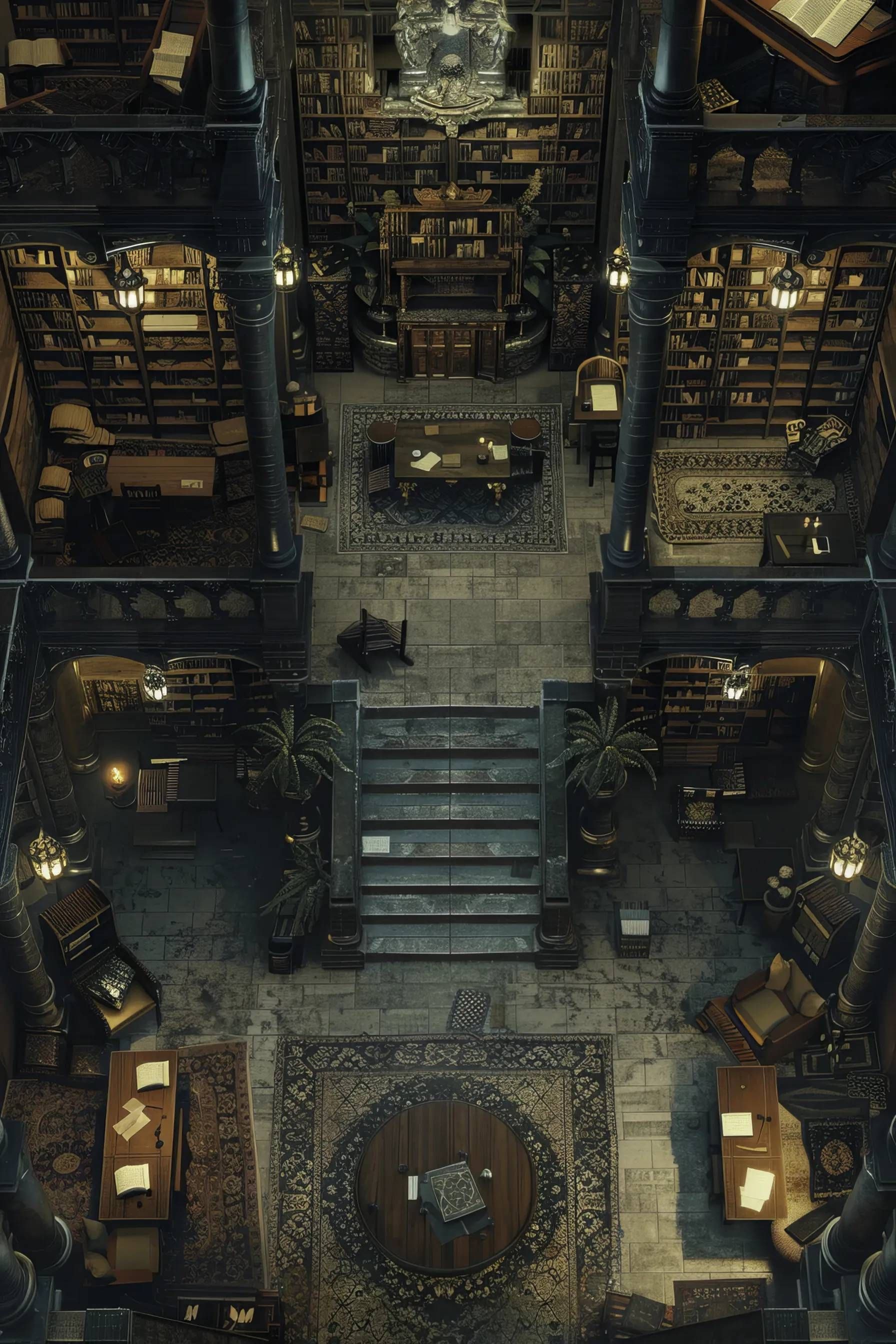 library map dnd, carte de JDR fantasy (1792×2688 pixels) — battlemap pour Roll20 et Foundry VTT.