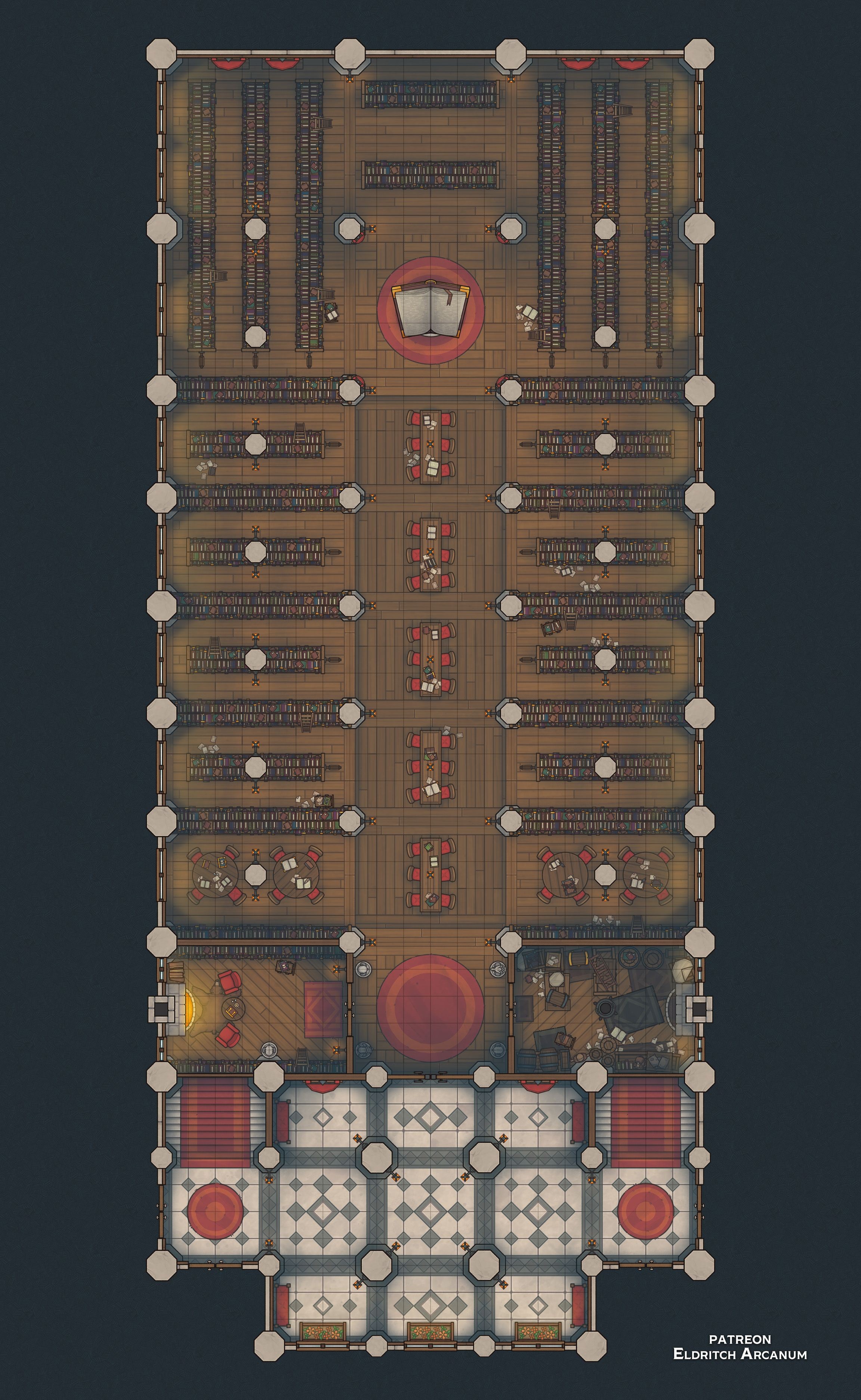 library map dnd, carte de JDR fantasy (2304×3744 pixels) — battlemap pour Roll20 et Foundry VTT.