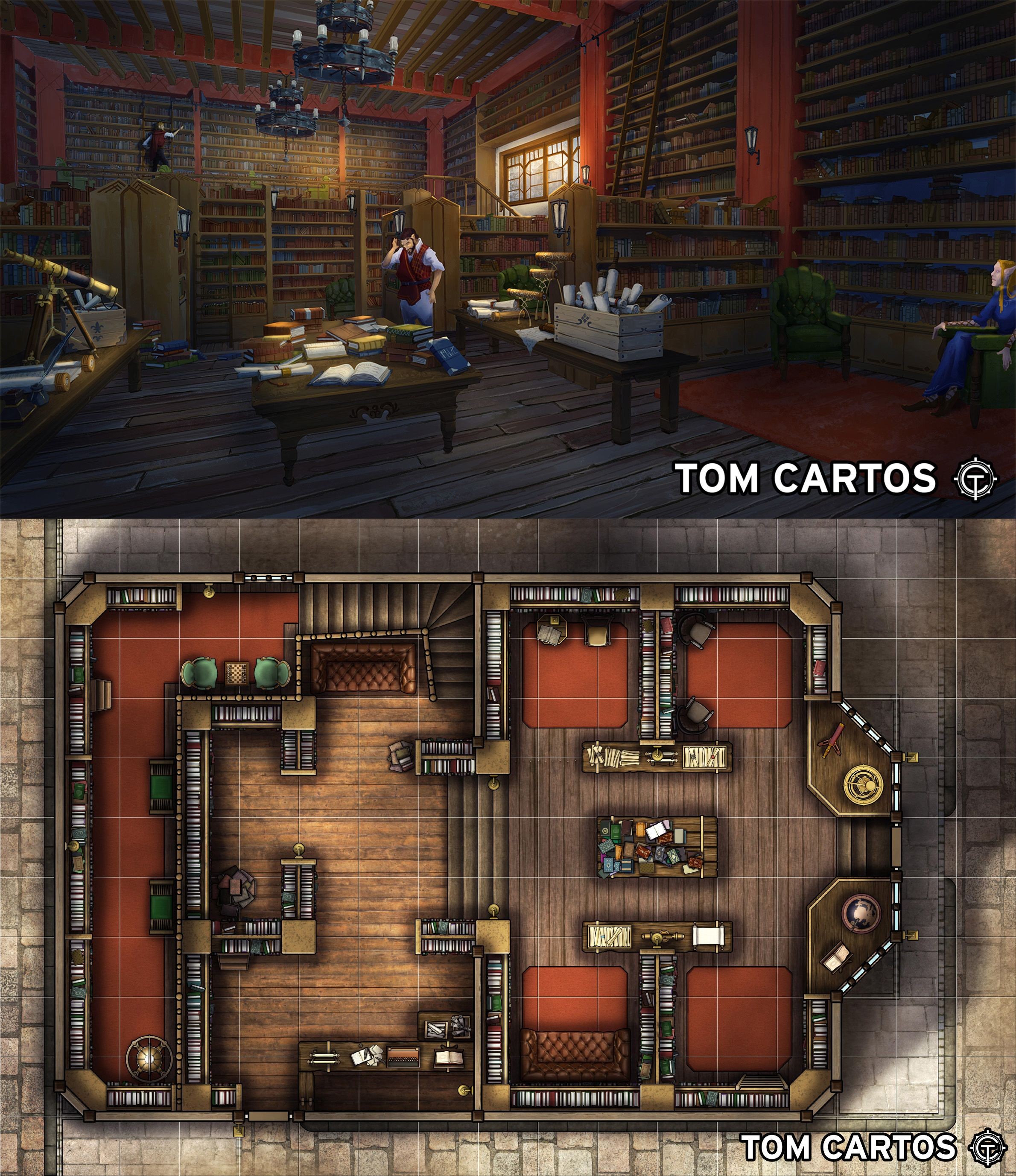 library map dnd, carte de JDR fantasy (2380×2754 pixels) — battlemap pour Roll20 et Foundry VTT.