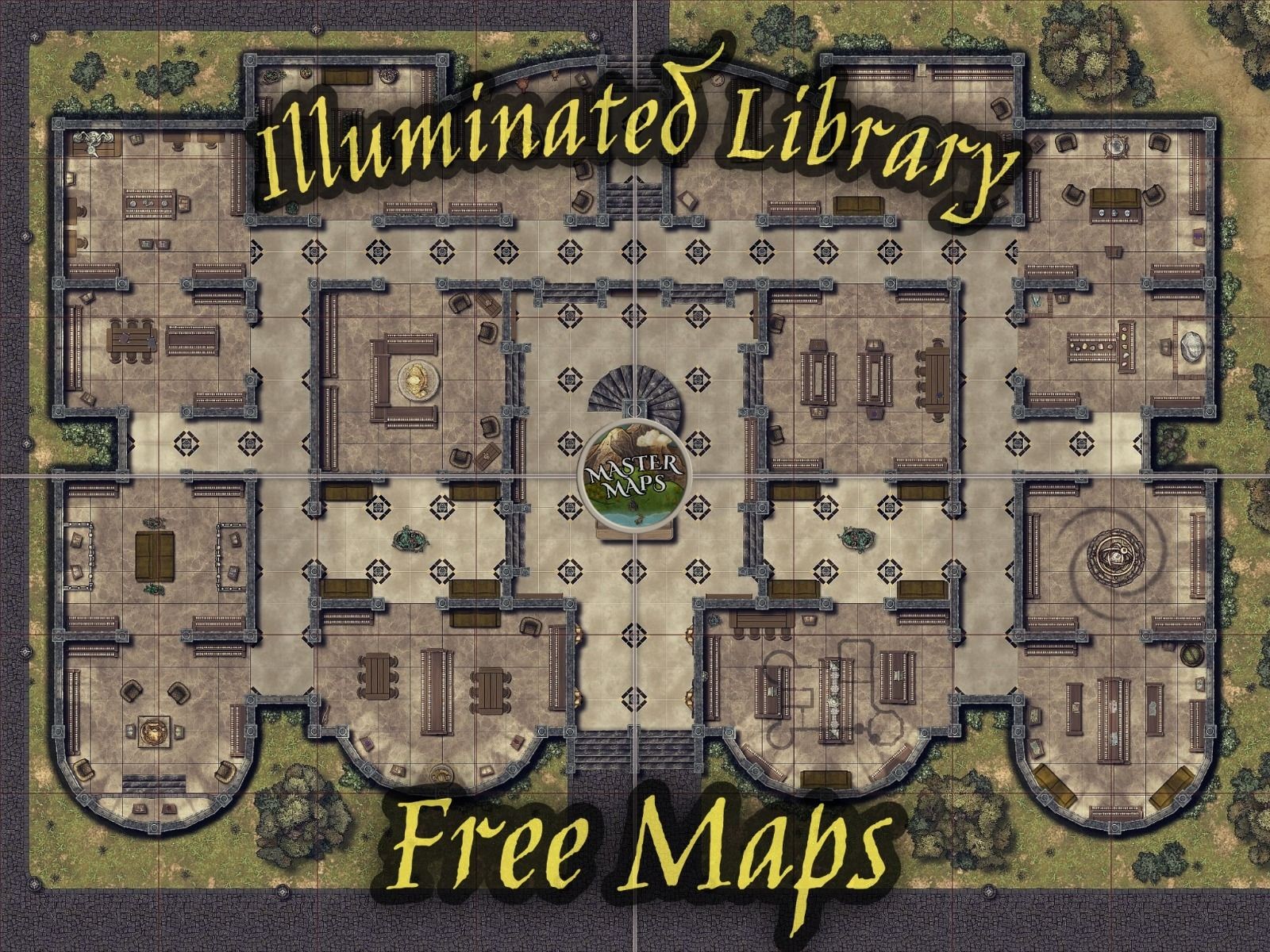 library map dnd, carte de JDR fantasy (1600×1200 pixels) — battlemap pour Roll20 et Foundry VTT.