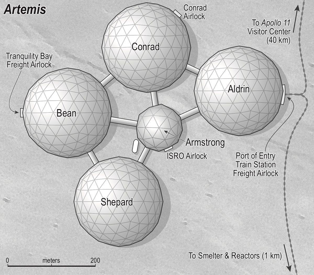 lunar base map, carte de JDR science-fiction (1200×1053 pixels) — battlemap pour Roll20 et Foundry VTT.