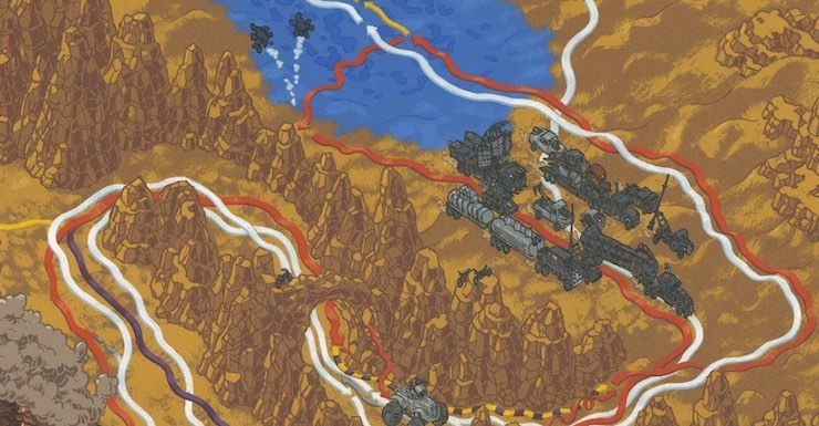 mad max road map, carte de JDR post-apocalyptique (740×385 pixels) — battlemap pour Roll20 et Foundry VTT.