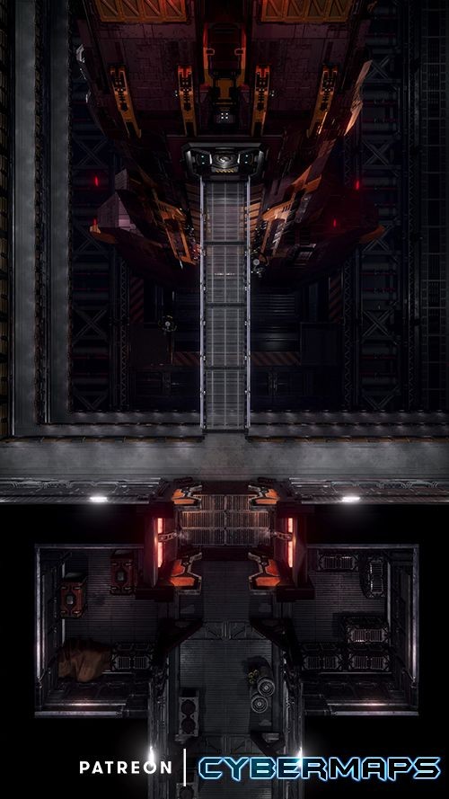 mech bay map, carte de JDR science-fiction (500×889 pixels) — battlemap pour Roll20 et Foundry VTT.