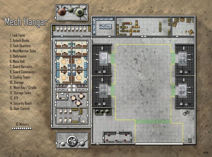 mech bay map, carte de JDR science-fiction (700×519 pixels) — battlemap pour Roll20 et Foundry VTT.