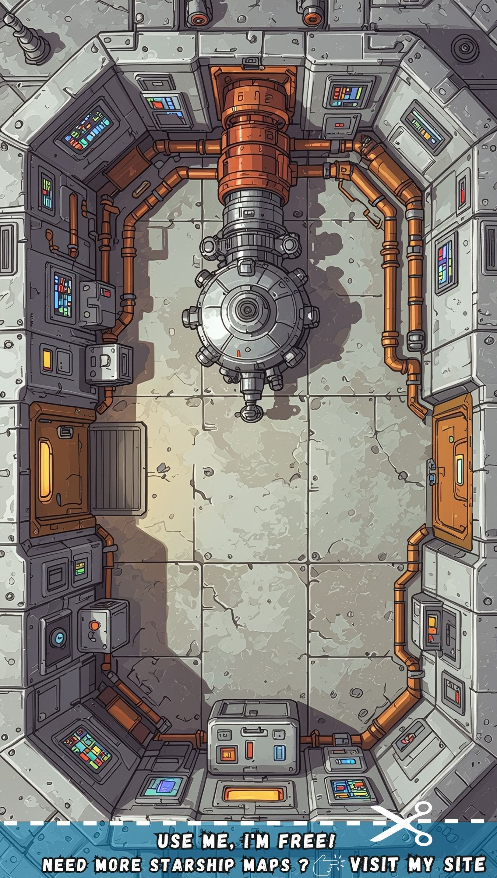 mech bay map, carte de JDR science-fiction (1632×2880 pixels) — battlemap pour Roll20 et Foundry VTT.