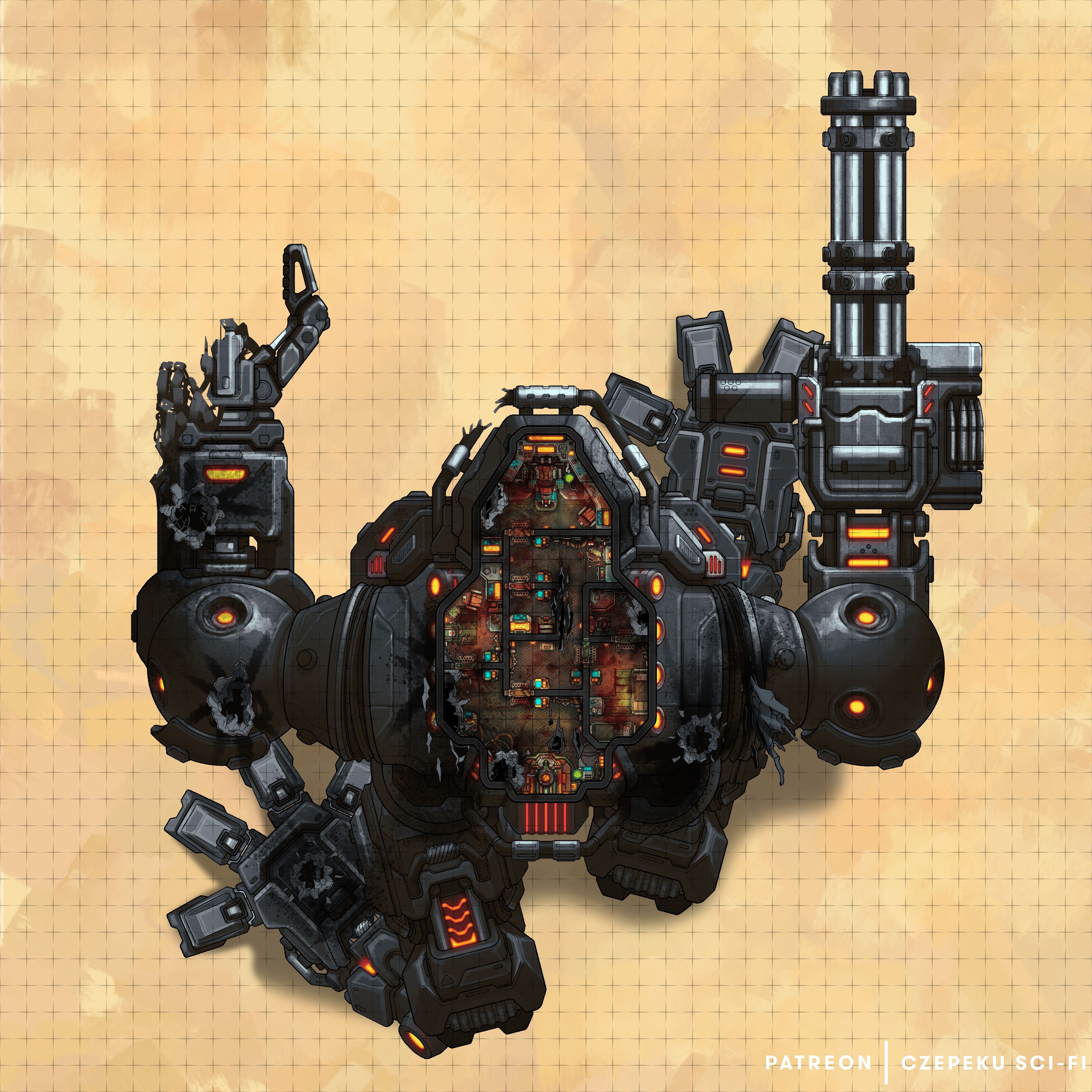 mech bay map, carte de JDR science-fiction (5000×5000 pixels) — battlemap pour Roll20 et Foundry VTT.