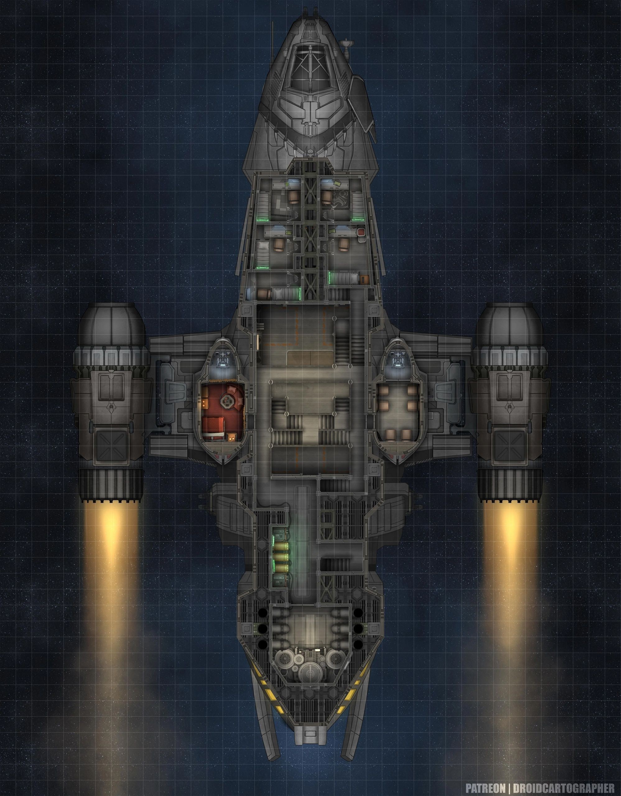 mech bay map, carte de JDR science-fiction (1997×2560 pixels) — battlemap pour Roll20 et Foundry VTT.