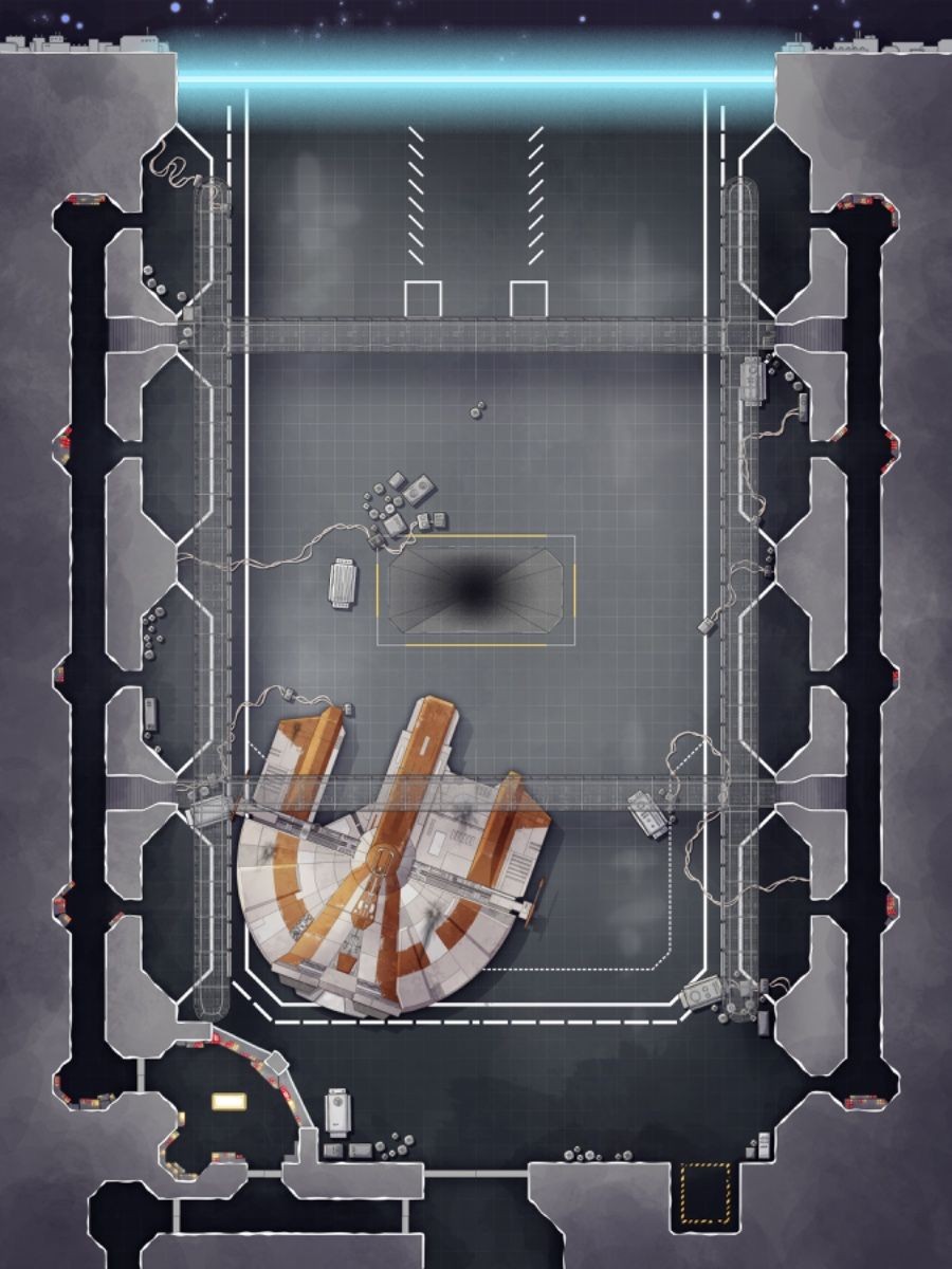 mech bay map, carte de JDR science-fiction (900×1200 pixels) — battlemap pour Roll20 et Foundry VTT.