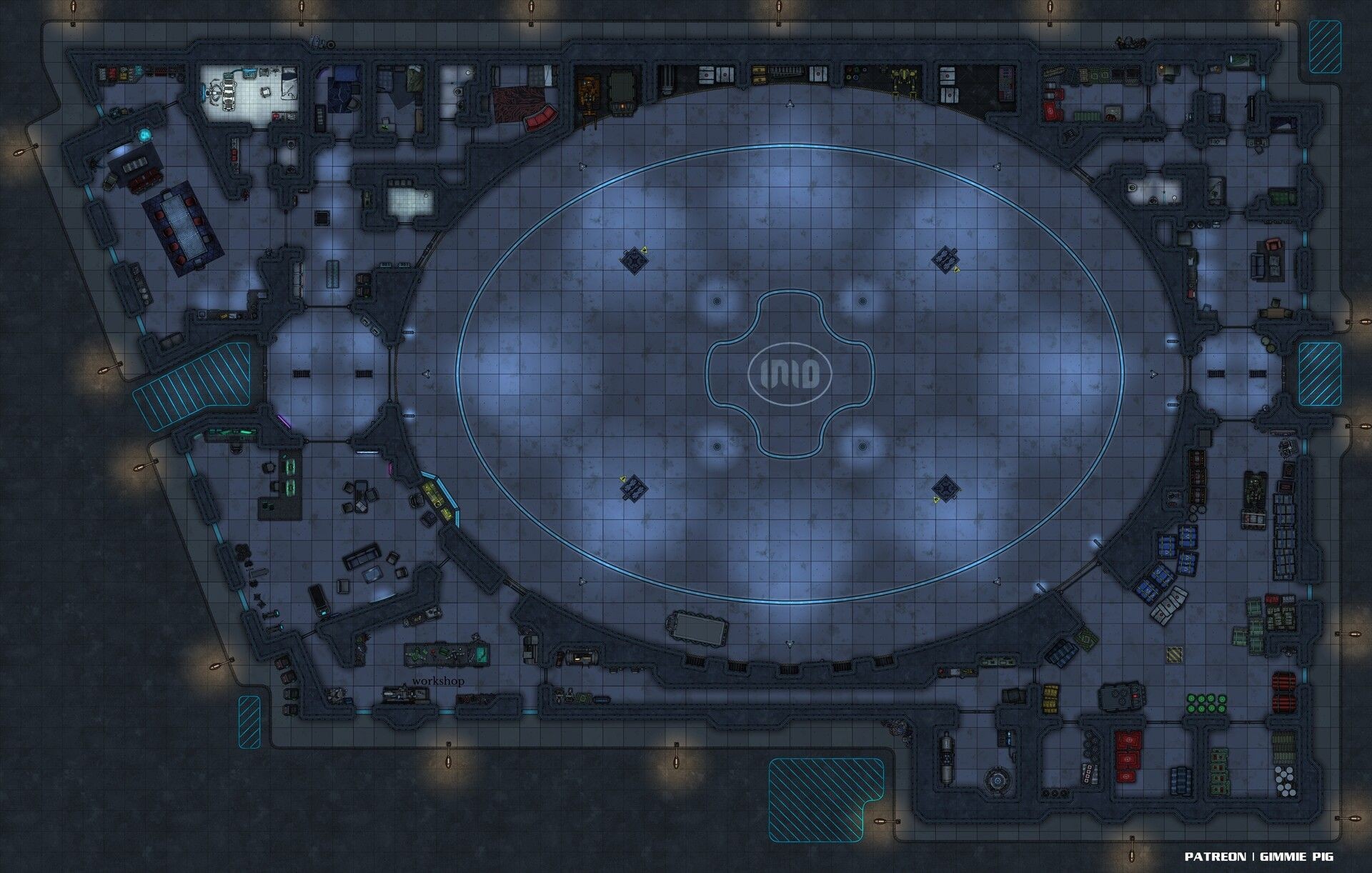 mech bay map, carte de JDR science-fiction (1920×1222 pixels) — battlemap pour Roll20 et Foundry VTT.