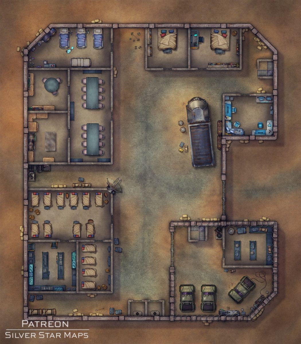 military base map, carte de JDR moderne (1050×1200 pixels) — battlemap pour Roll20 et Foundry VTT.