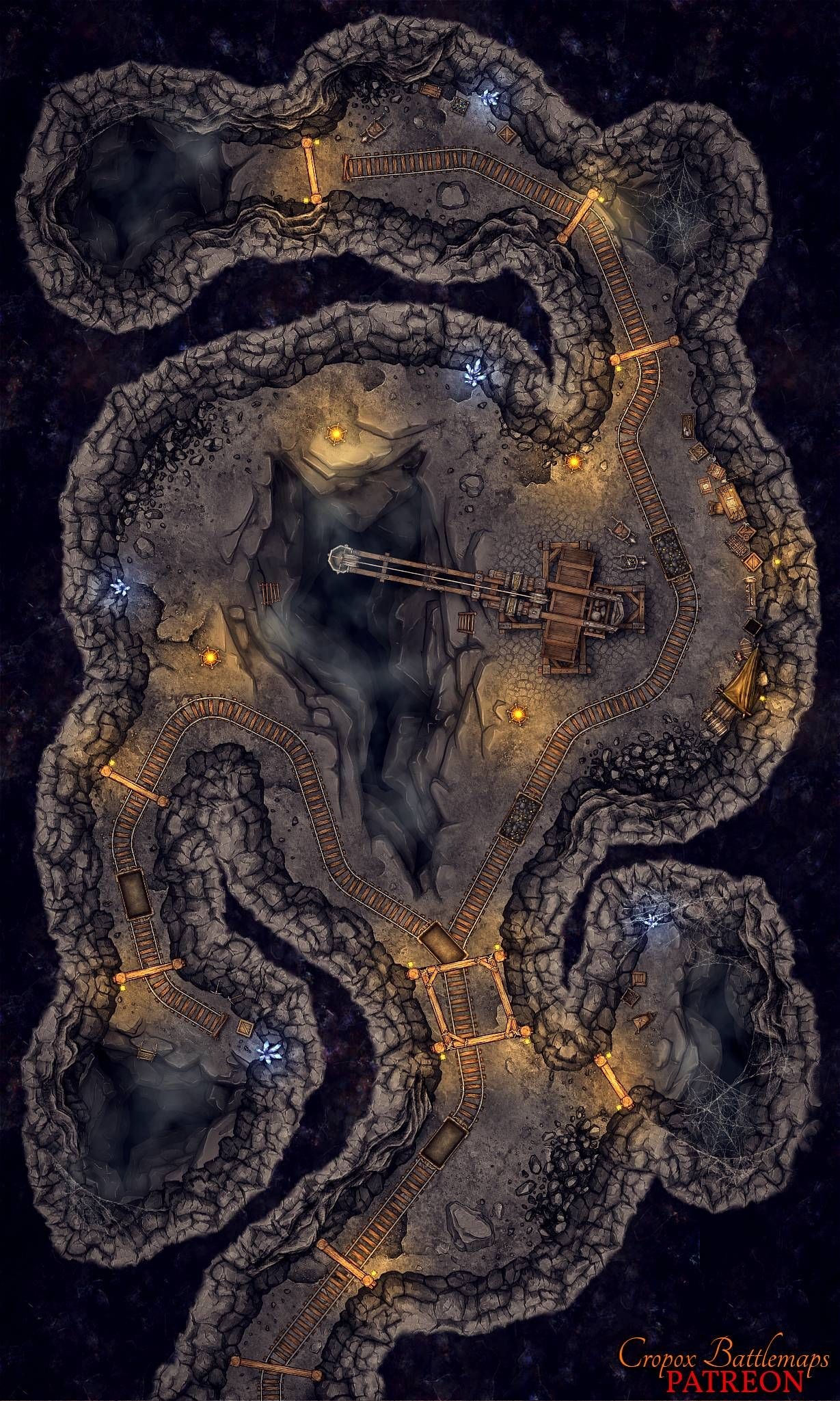 mine map dnd, carte de JDR fantasy (1229×2049 pixels) — battlemap pour Roll20 et Foundry VTT.