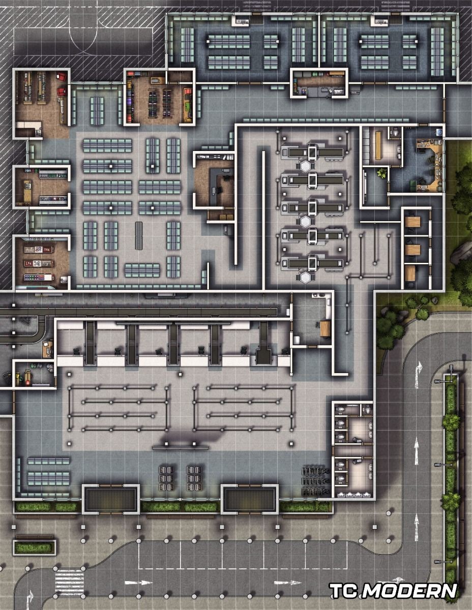 modern airport map, carte de JDR moderne (928×1200 pixels) — battlemap pour Roll20 et Foundry VTT.