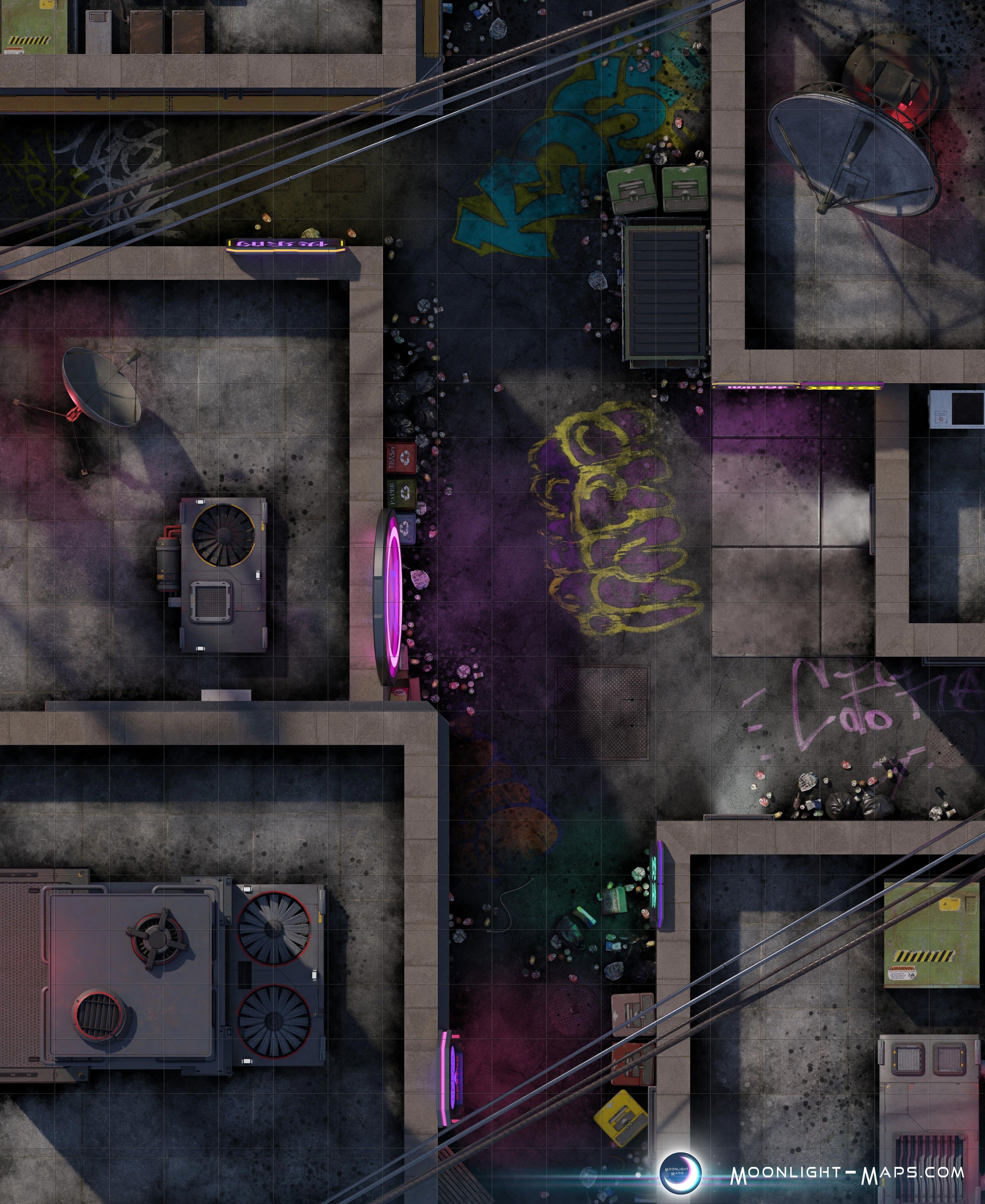 modern alley map, carte de JDR moderne (3272×4000 pixels) — battlemap pour Roll20 et Foundry VTT.