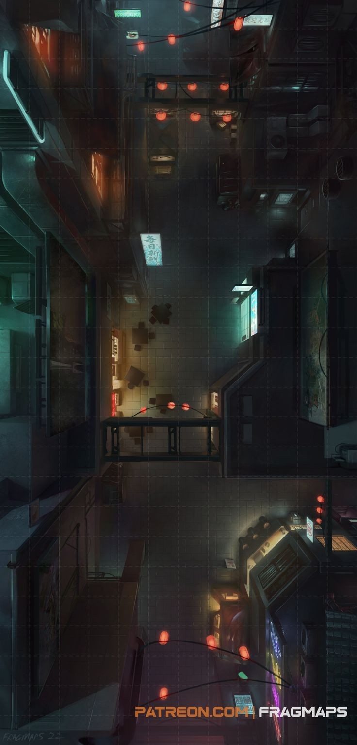 modern alley map, carte de JDR moderne (736×1533 pixels) — battlemap pour Roll20 et Foundry VTT.