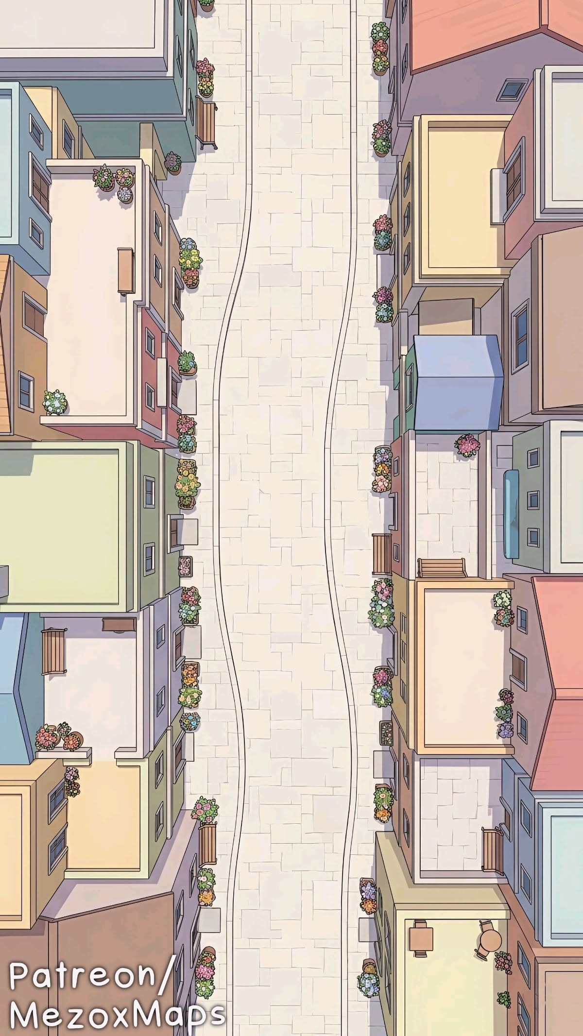 modern alley map, carte de JDR moderne (1200×2133 pixels) — battlemap pour Roll20 et Foundry VTT.