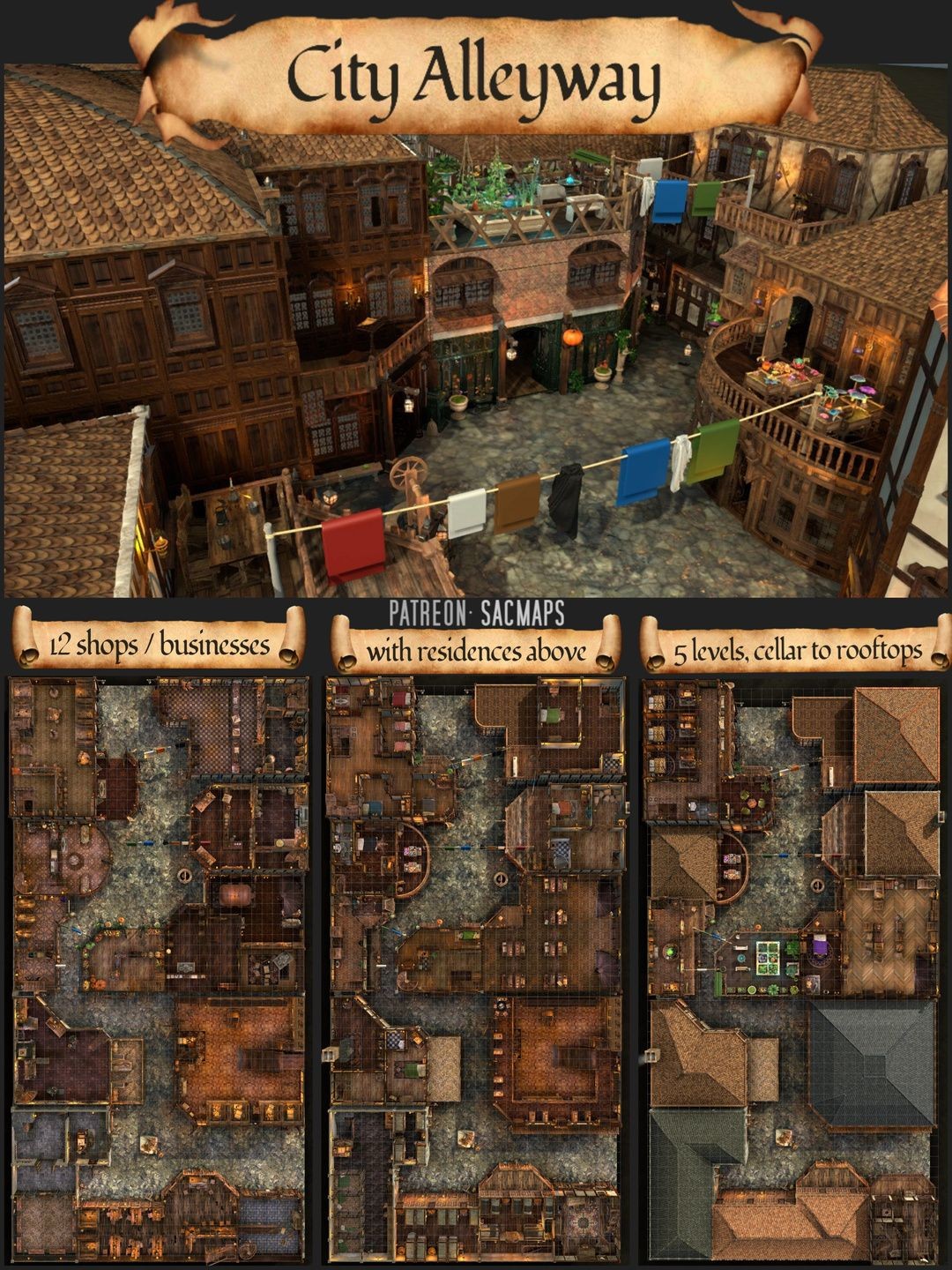 modern alley map, carte de JDR moderne (1080×1440 pixels) — battlemap pour Roll20 et Foundry VTT.