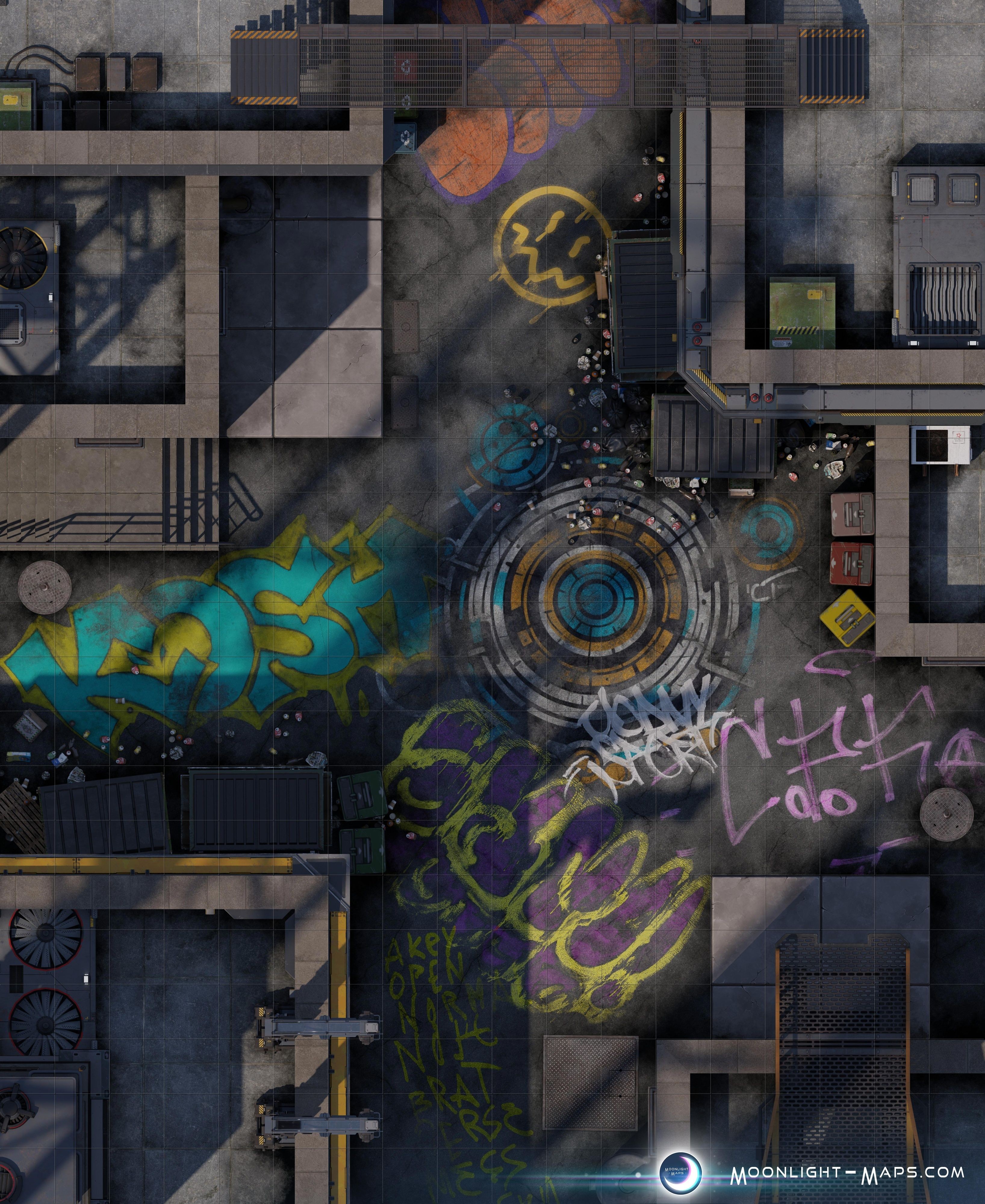 modern alley map, carte de JDR moderne (3272×4000 pixels) — battlemap pour Roll20 et Foundry VTT.