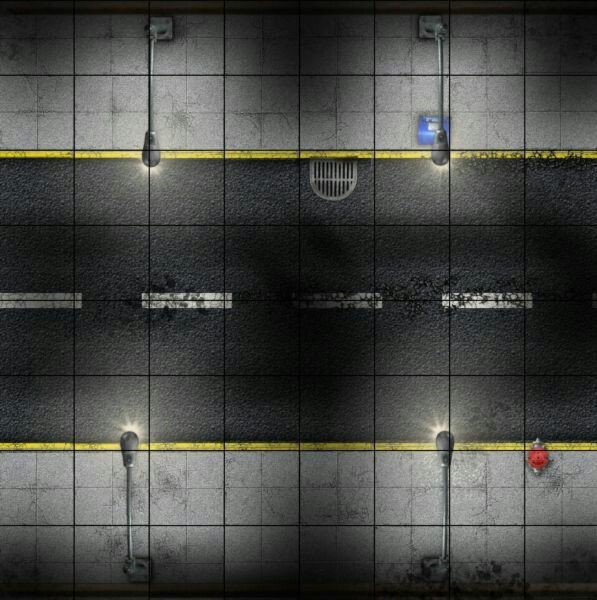 modern alley map, carte de JDR moderne (597×600 pixels) — battlemap pour Roll20 et Foundry VTT.