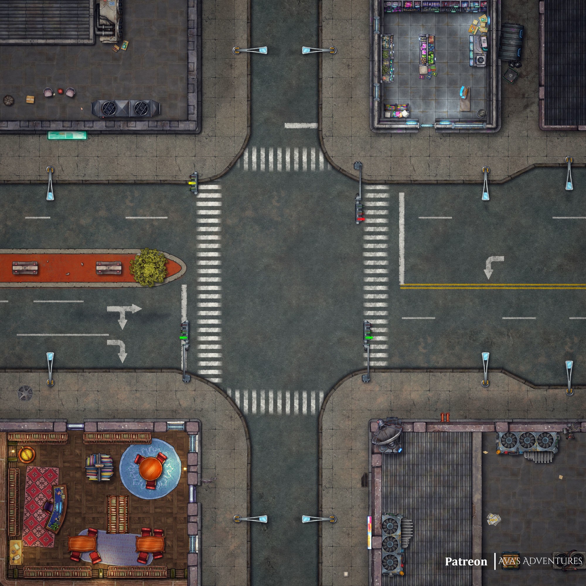 modern alley map, carte de JDR moderne (2000×2000 pixels) — battlemap pour Roll20 et Foundry VTT.