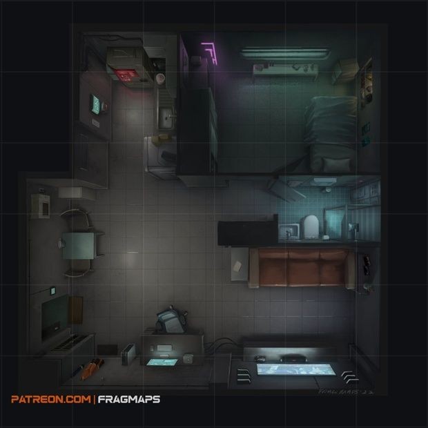 modern apartment map, carte de JDR moderne (620×620 pixels) — battlemap pour Roll20 et Foundry VTT.