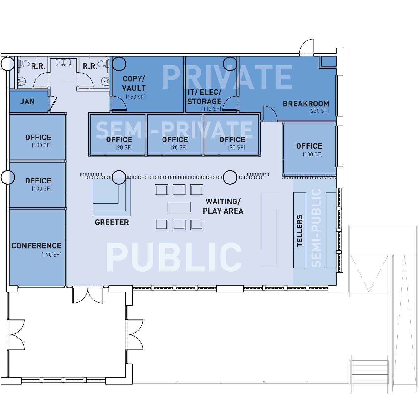 modern bank map, carte de JDR moderne (1340×1265 pixels) — battlemap pour Roll20 et Foundry VTT.