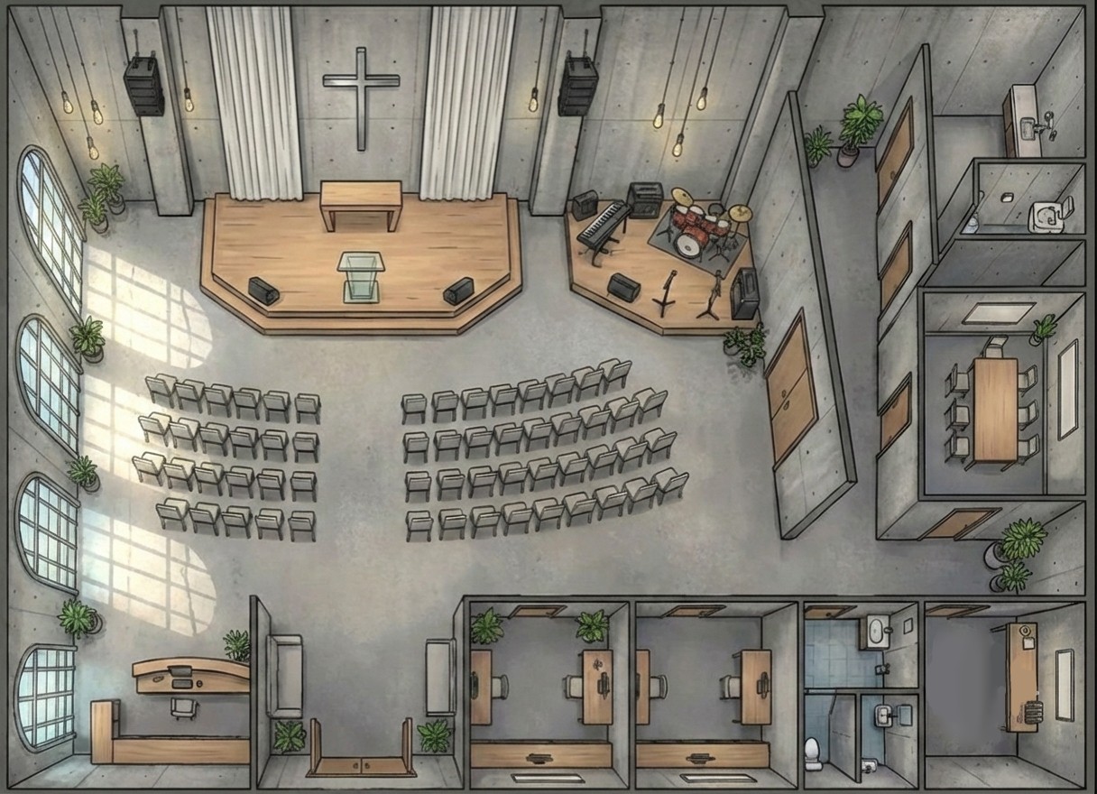 modern church map, carte de JDR moderne (1216×880 pixels) — battlemap pour Roll20 et Foundry VTT.