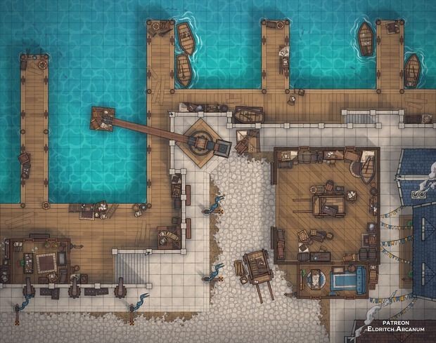 modern docks map, carte de JDR moderne (620×489 pixels) — battlemap pour Roll20 et Foundry VTT.