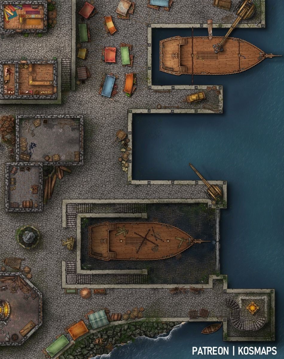 modern docks map, carte de JDR moderne (950×1200 pixels) — battlemap pour Roll20 et Foundry VTT.