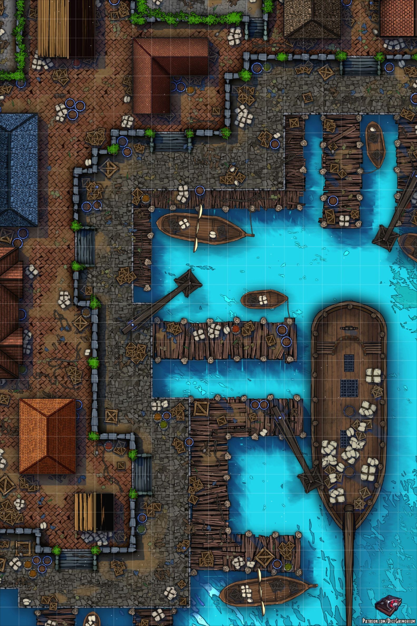 modern docks map, carte de JDR moderne (1584×2376 pixels) — battlemap pour Roll20 et Foundry VTT.