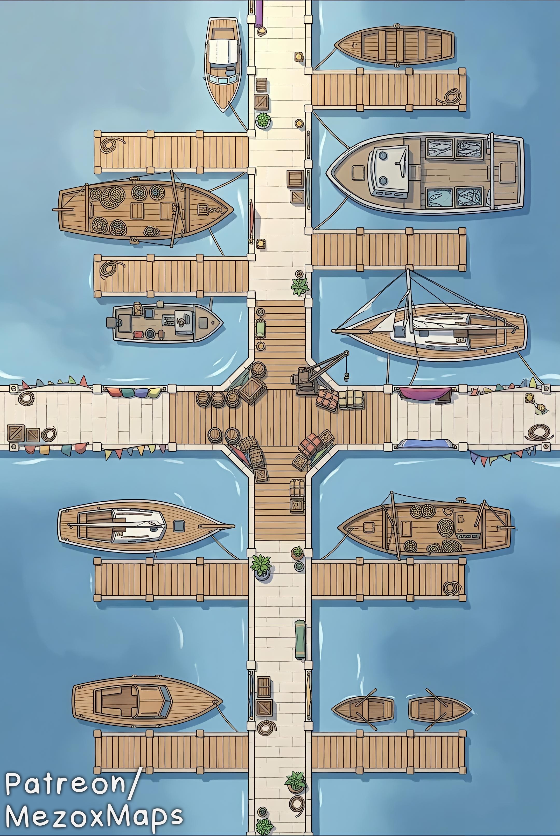 modern docks map, carte de JDR moderne (2160×3220 pixels) — battlemap pour Roll20 et Foundry VTT.
