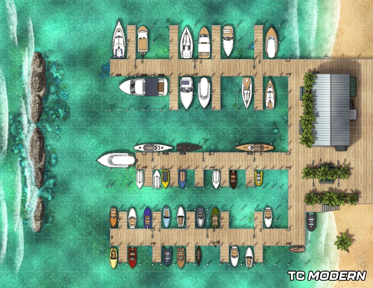 modern docks map, carte de JDR moderne (1200×927 pixels) — battlemap pour Roll20 et Foundry VTT.