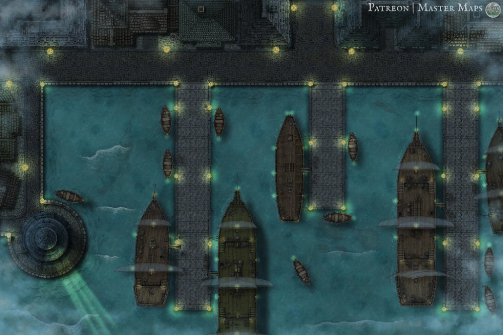 modern docks map, carte de JDR moderne (1000×666 pixels) — battlemap pour Roll20 et Foundry VTT.