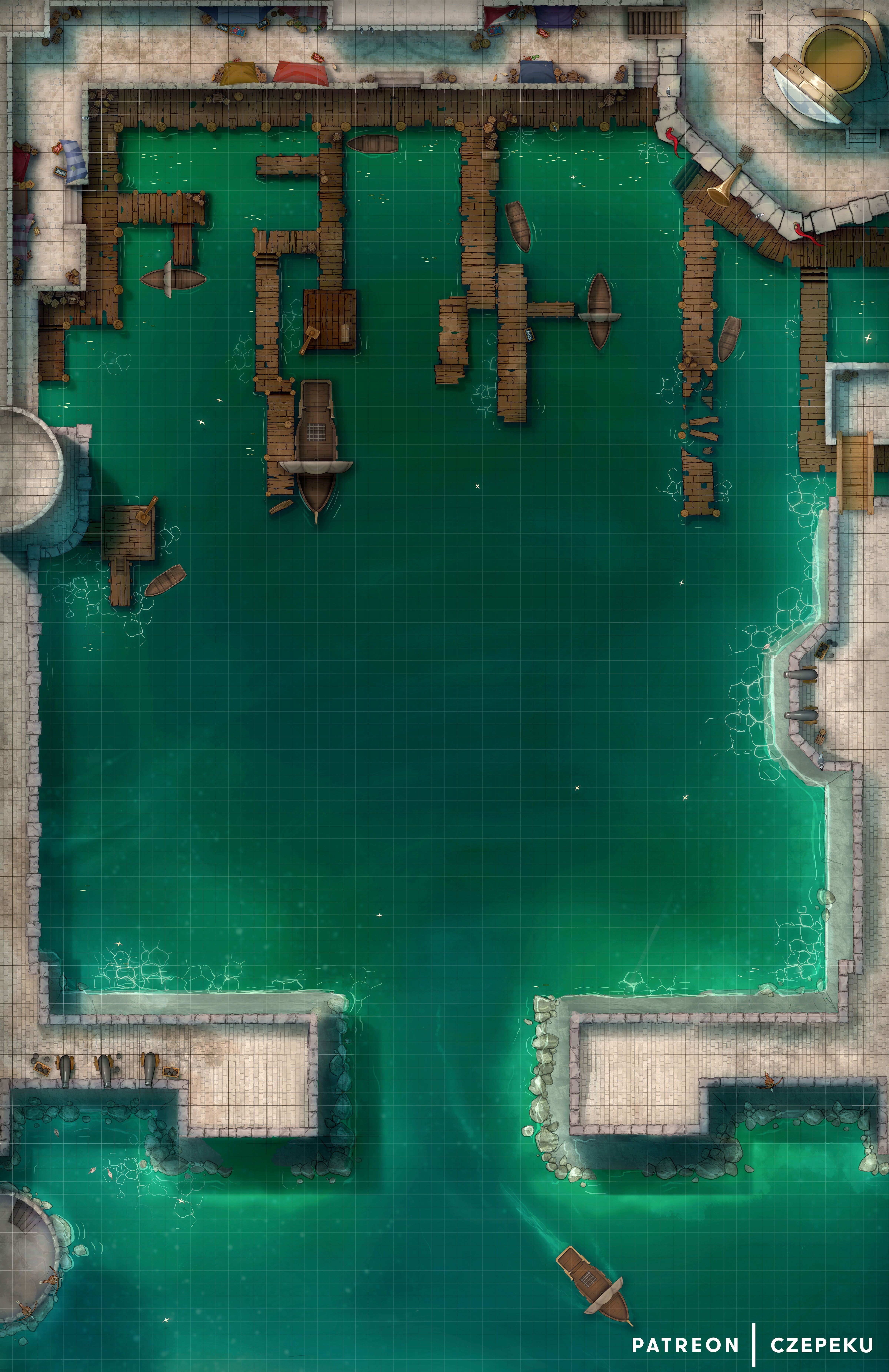 modern docks map, carte de JDR moderne (4800×7406 pixels) — battlemap pour Roll20 et Foundry VTT.