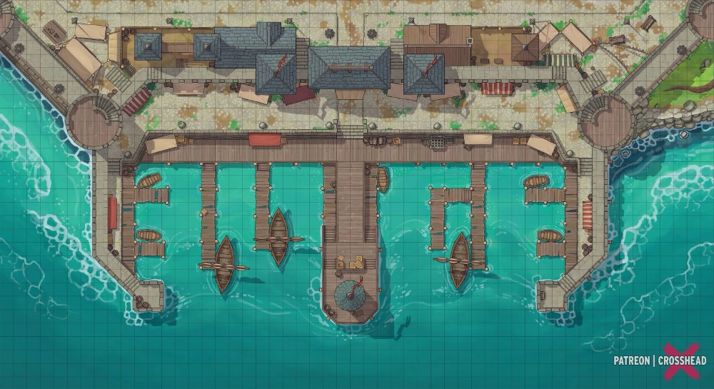 modern docks map, carte de JDR moderne (1000×545 pixels) — battlemap pour Roll20 et Foundry VTT.