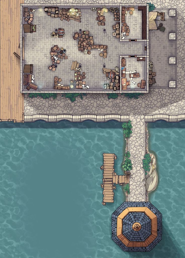 modern docks map, carte de JDR moderne (736×1024 pixels) — battlemap pour Roll20 et Foundry VTT.