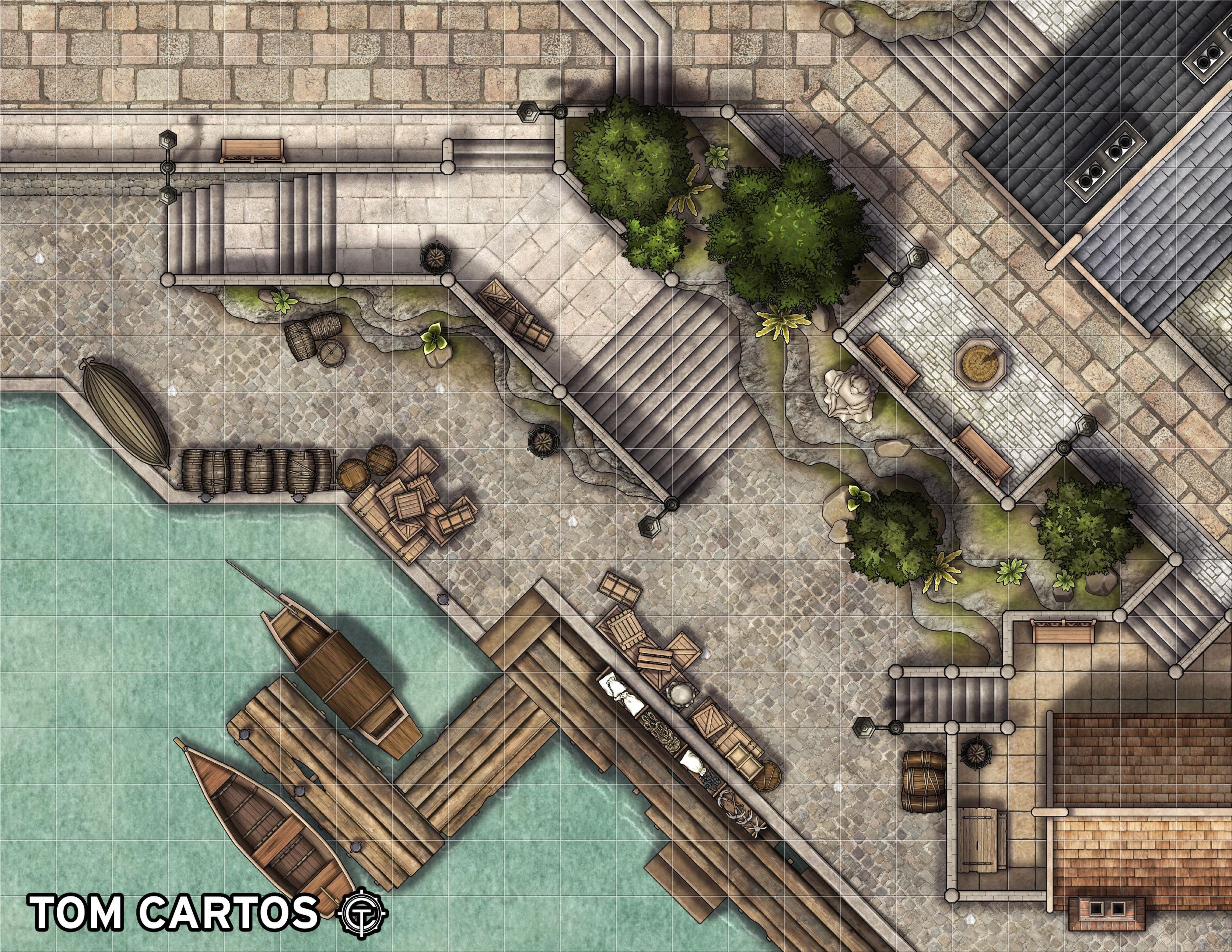 modern docks map, carte de JDR moderne (3080×2380 pixels) — battlemap pour Roll20 et Foundry VTT.