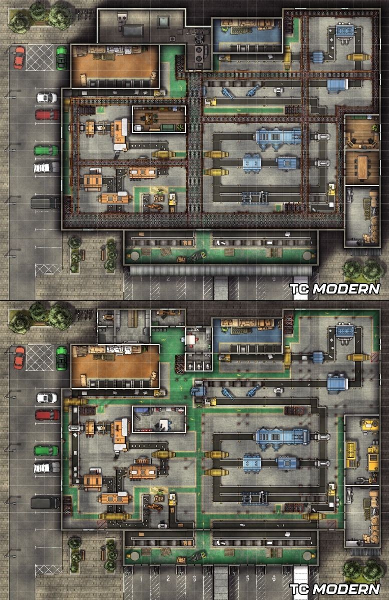 modern factory map, carte de JDR moderne (777×1200 pixels) — battlemap pour Roll20 et Foundry VTT.