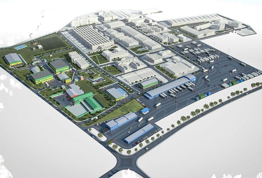 modern factory map, carte de JDR moderne (910×617 pixels) — battlemap pour Roll20 et Foundry VTT.