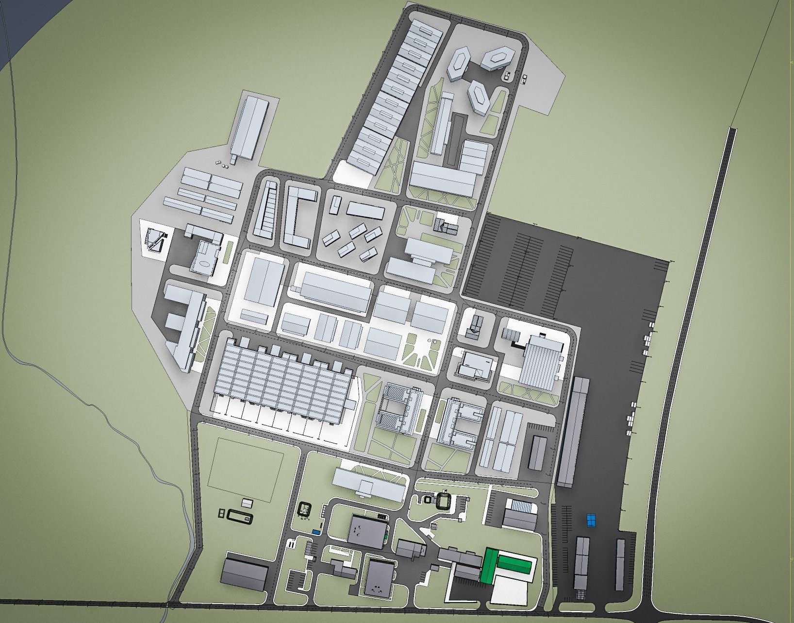modern factory map, carte de JDR moderne (1636×1283 pixels) — battlemap pour Roll20 et Foundry VTT.