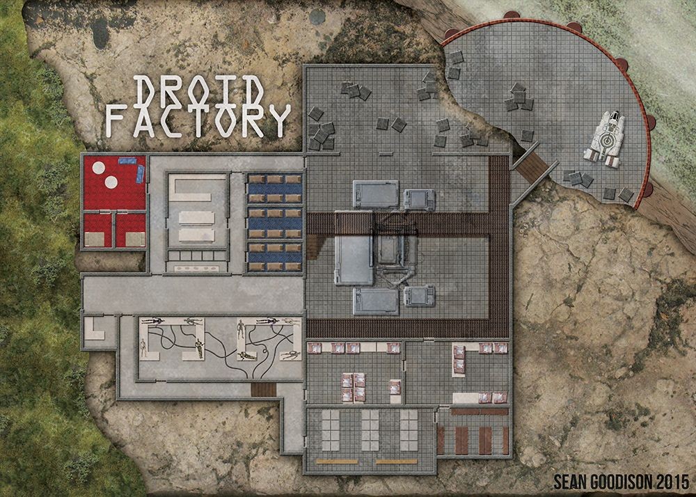 modern factory map, carte de JDR moderne (1000×714 pixels) — battlemap pour Roll20 et Foundry VTT.