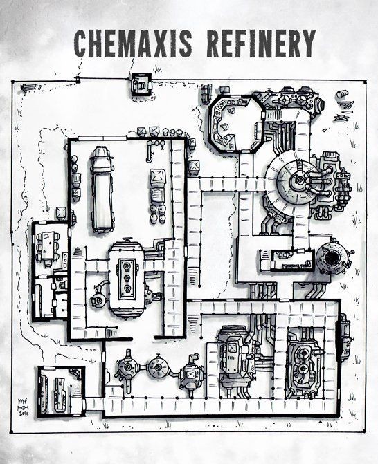 modern factory map, carte de JDR moderne (546×671 pixels) — battlemap pour Roll20 et Foundry VTT.
