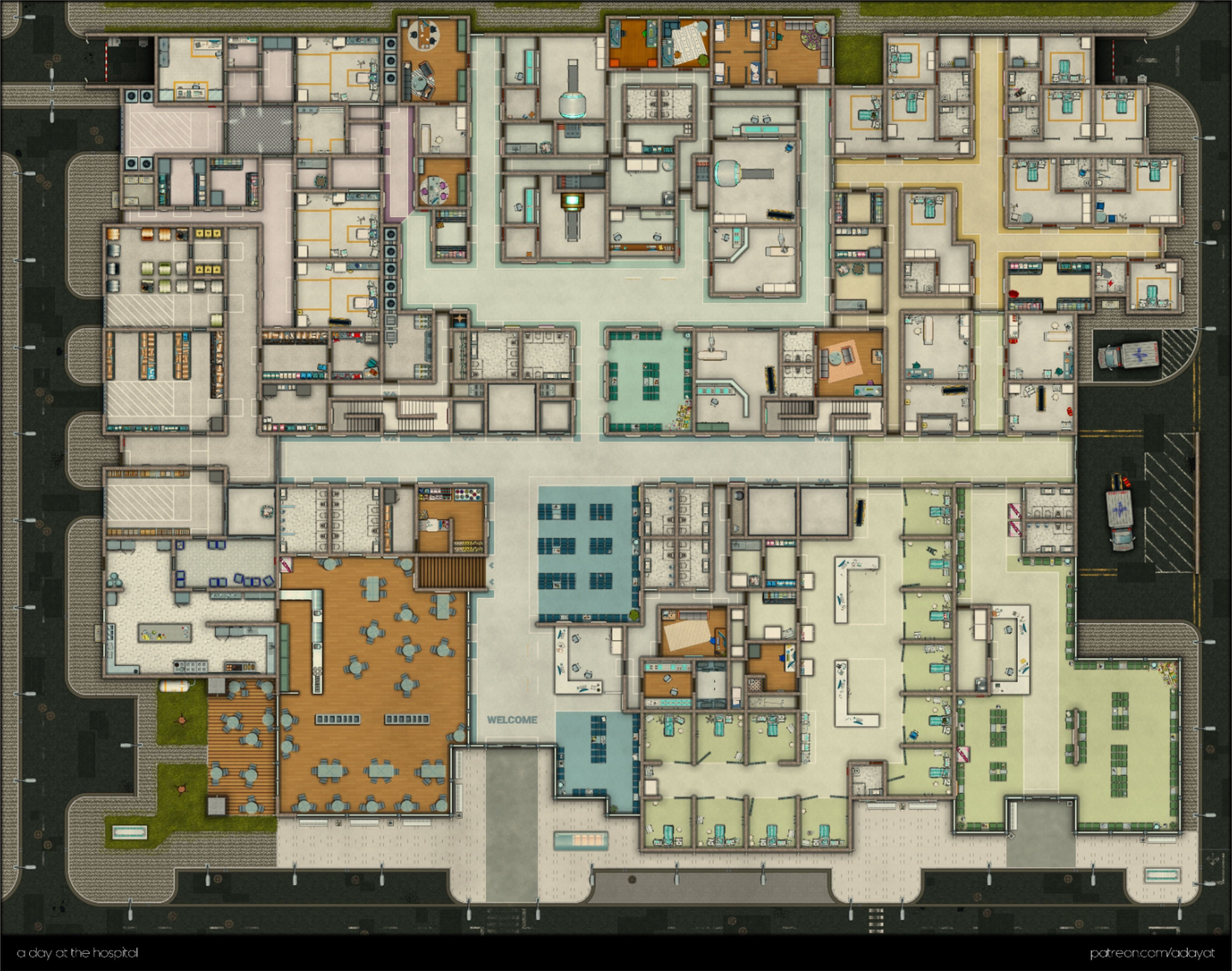 modern hospital map, carte de JDR moderne (4096×3230 pixels) — battlemap pour Roll20 et Foundry VTT.