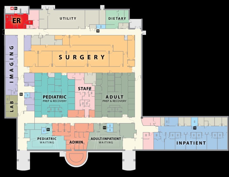 modern hospital map, carte de JDR moderne (792×612 pixels) — battlemap pour Roll20 et Foundry VTT.