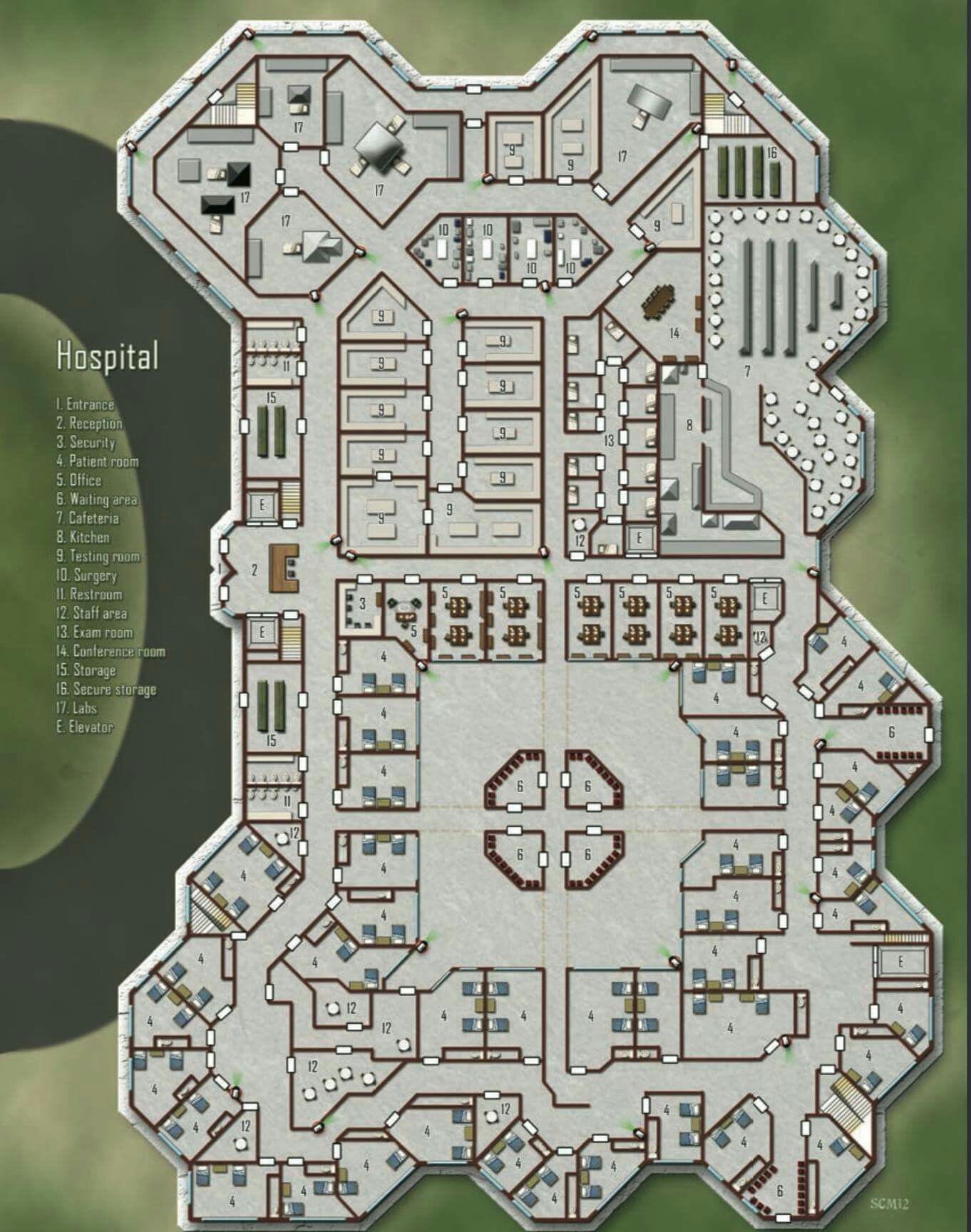 modern hospital map, carte de JDR moderne (1362×1728 pixels) — battlemap pour Roll20 et Foundry VTT.