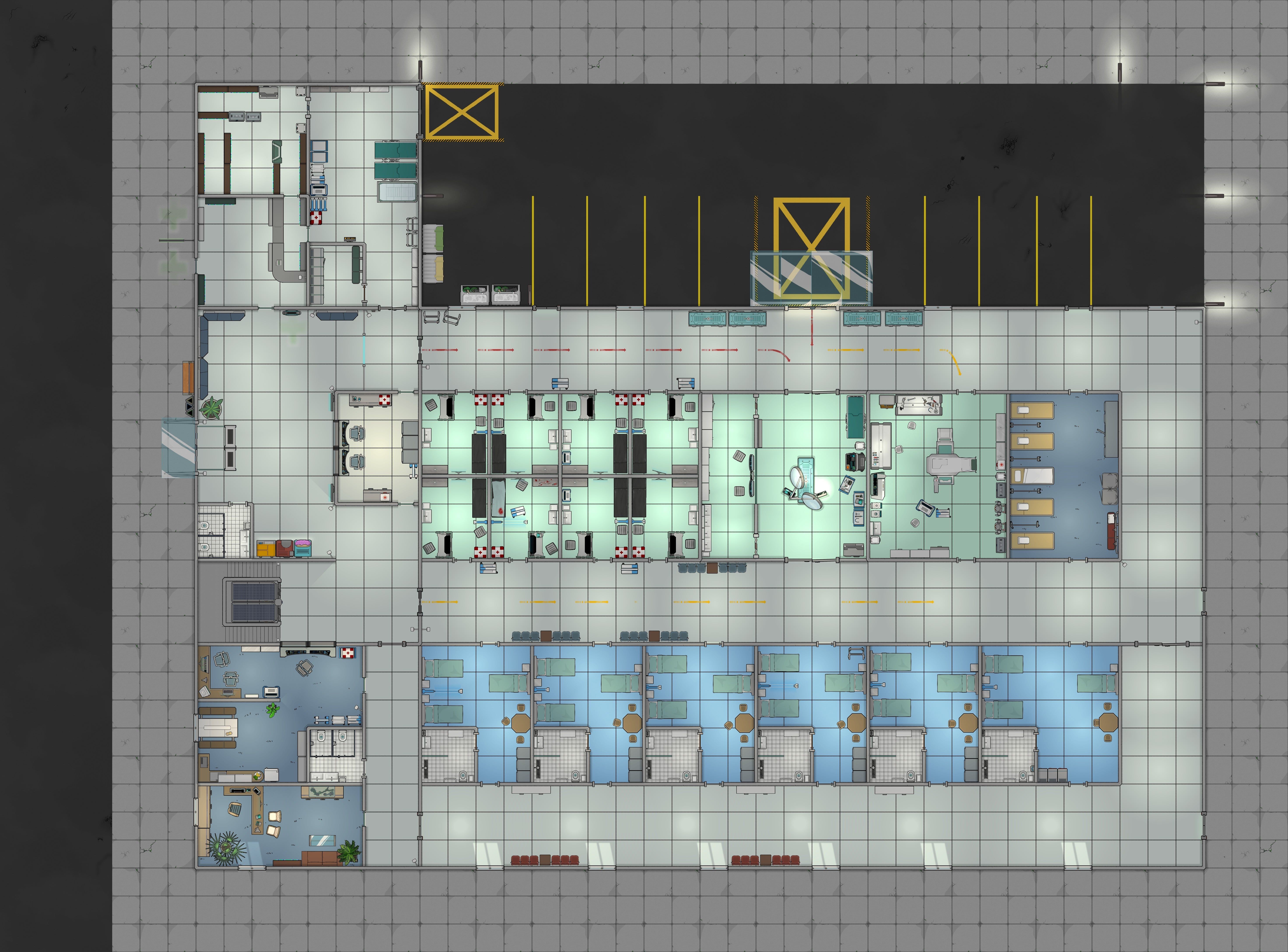modern hospital map, carte de JDR moderne (5888×4352 pixels) — battlemap pour Roll20 et Foundry VTT.