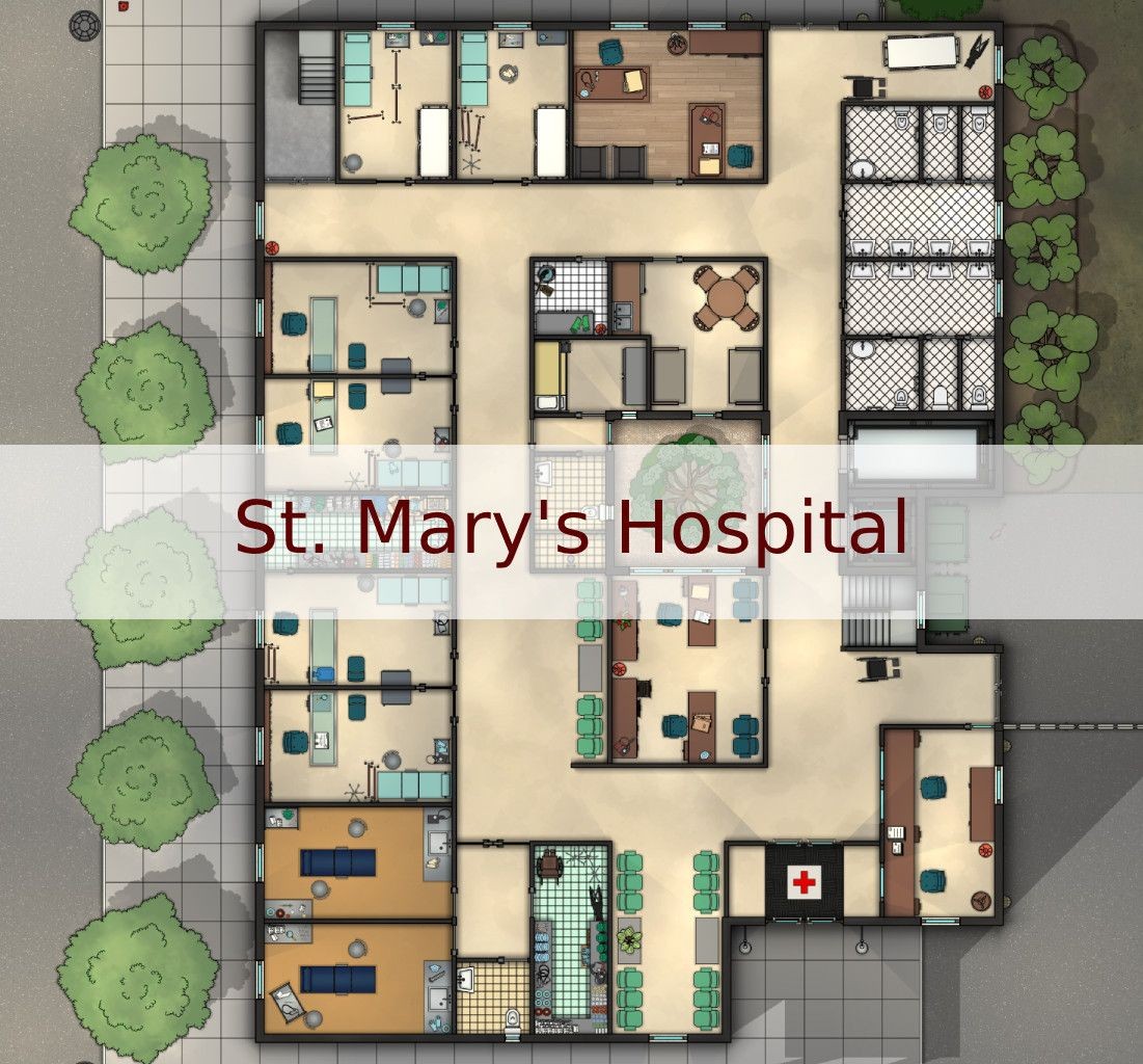 modern hospital map, carte de JDR moderne (1101×1024 pixels) — battlemap pour Roll20 et Foundry VTT.