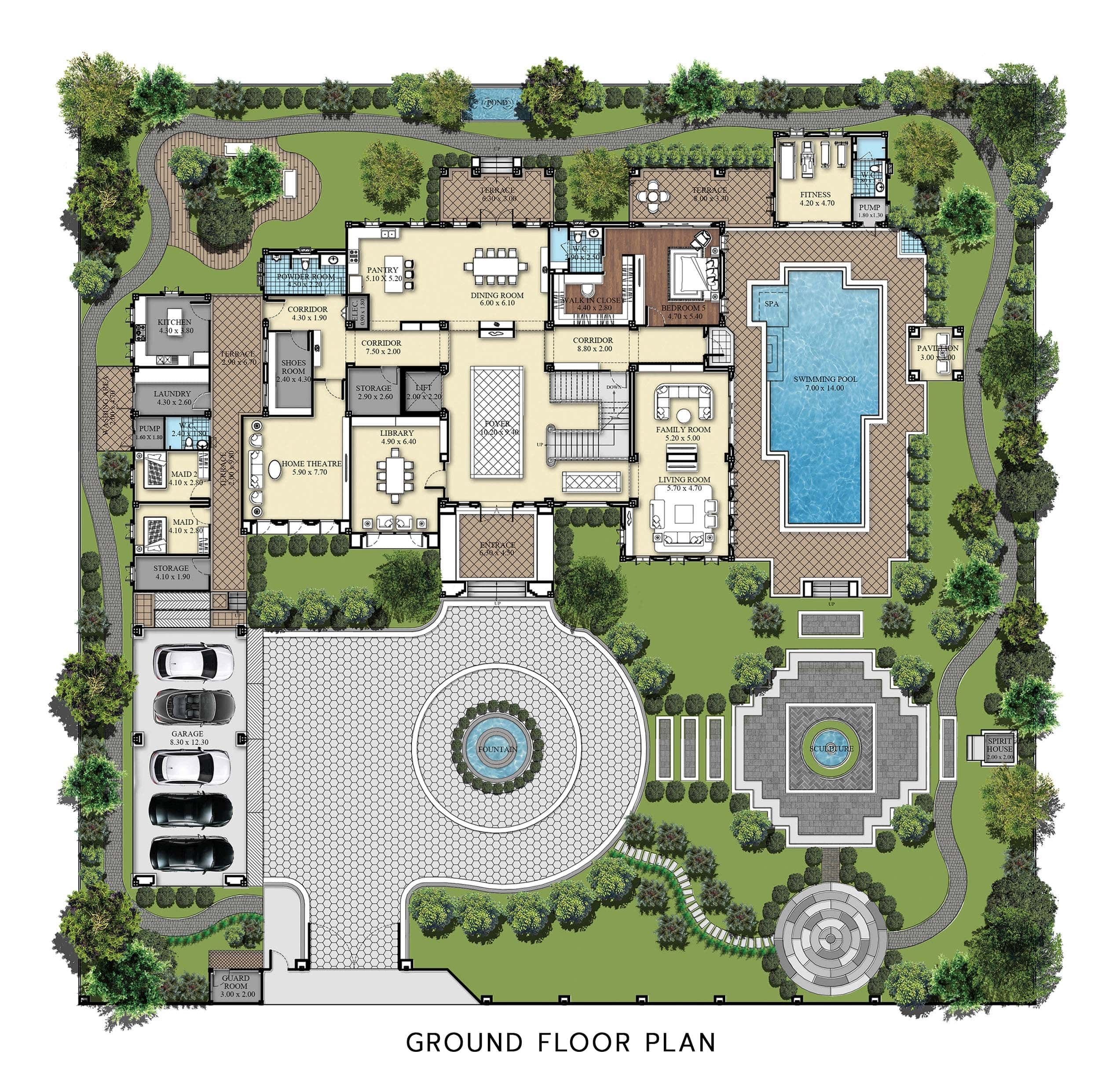 modern mansion map, carte de JDR moderne (2546×2480 pixels) — battlemap pour Roll20 et Foundry VTT.